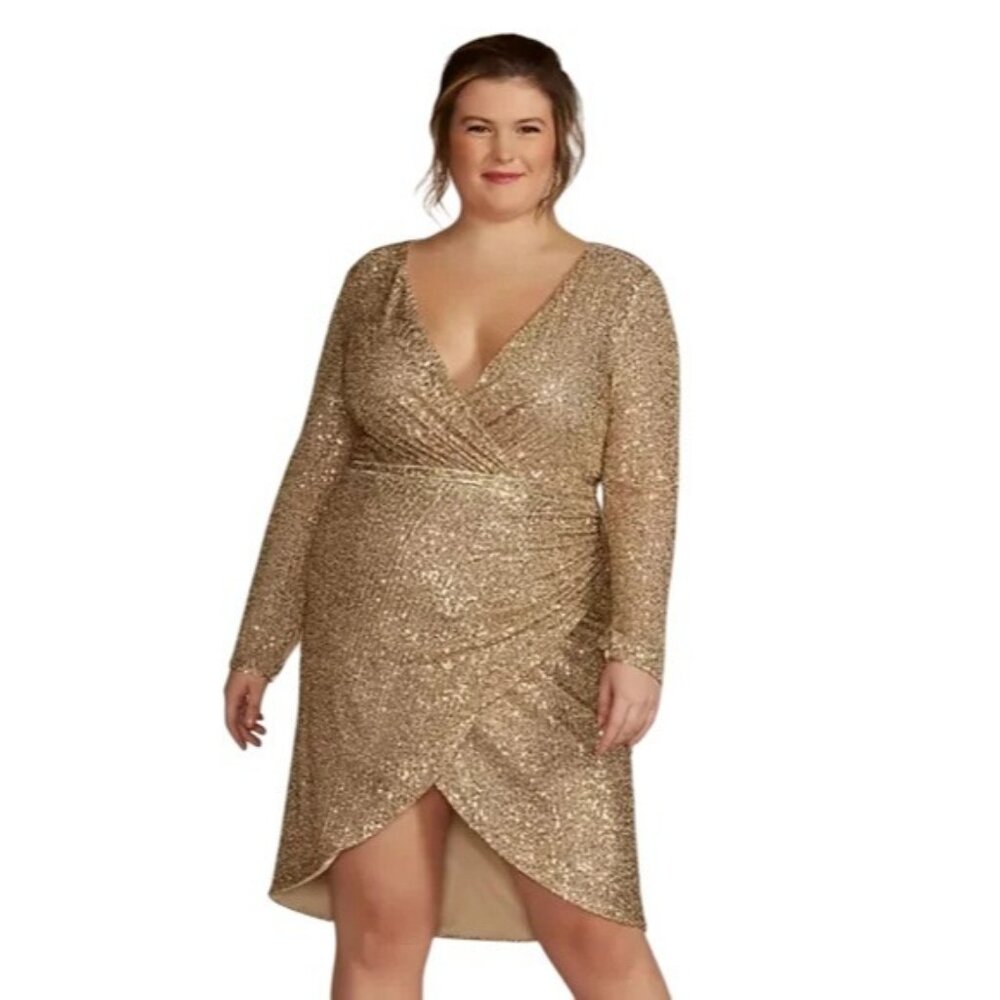 DB Studio Sequin Mock Wrap Dress Size 18 Gold Open Back RL10199 Davids Bridal